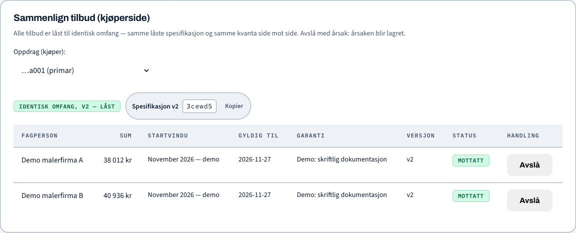 Sammenligningsvisning i Oppmålt med håndverkertilbud for en felles omfangsversjon.
